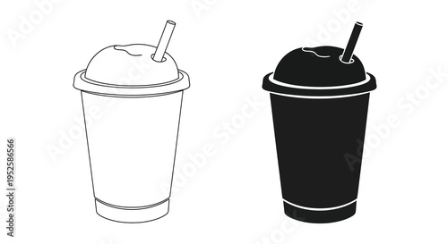 A black and white illustration depicts two disposable plastic cups with lids and straws side by side high quality professional detailed modern elegant
