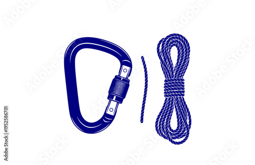 Heavy Duty Carabiner and Climbing Rope Silhouette, Industrial Utility Vector Sticker, Outdoor Adventure Engineering Illustration