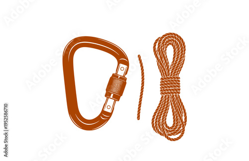 Heavy Duty Carabiner and Climbing Rope Silhouette, Industrial Utility Vector Sticker, Outdoor Adventure Engineering Illustration