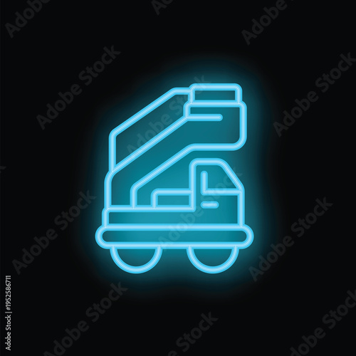 Glowing blue neon icon of a cherry picker truck on a black background, perfect for construction or industrial themed designs