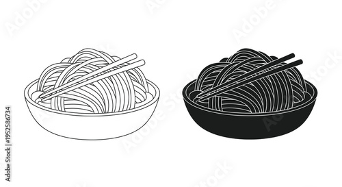 A monochrome illustration depicts two bowls of noodles with chopsticks showing positive and negative versions high quality professional detailed