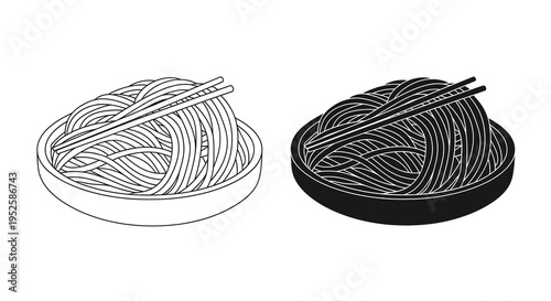 This black and white illustration depicts two bowls of noodles with chopsticks showcasing a simple graphic style high quality