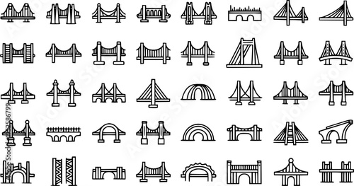 Black and White Line Art Icons of Various Bridge Types for Architecture and Construction