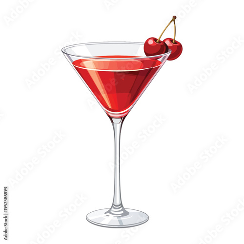 Classic Cosmopolitan Cocktail with Cherries in Martini Glass Vibrant Red Drink Illustration
