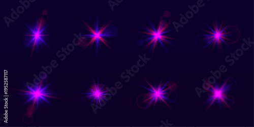Set of iridescent purple stars PNG with radiant flare and glowing rays. Sparkling particles enhance magical luminous effect. Ideal for digital art, banners, or overlays.
