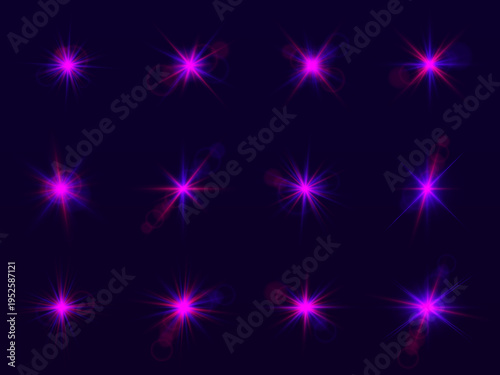 Purple star flare PNG set with sparkling twinkles and glowing beams. Multiple stars create elegant magical effect. Perfect for banners, cards, or overlays.
