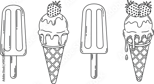 Ice cream and popsicle outline illustration set with strawberry topping, melting dessert cones and frozen treats for summer menu, cafe design