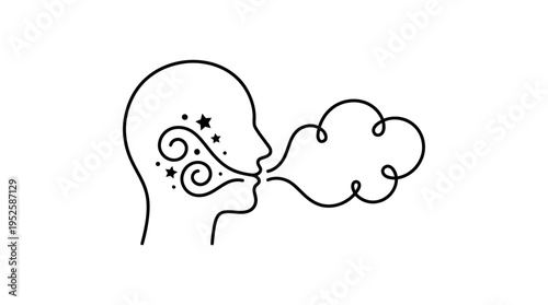 Person Breathing in Stars and Out Clouds Continuous Single Line Minimalist Free Mind Line Art Illustration