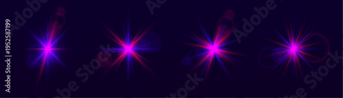 Schilderij op canvas Purple sparkling star set PNG with glowing rays and twinkling flare