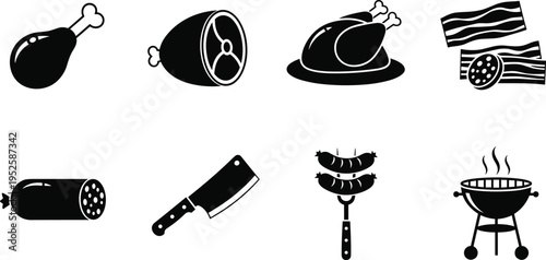 Meat and barbecue food icon set, steak ham sausage bacon grill symbols, butcher cooking ingredients vector illustration collection