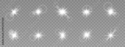 White star set with sparkling lens flare and glowing rays. Multiple stars create a magical luminous effect. Perfect for banners, cards, or festive overlays.