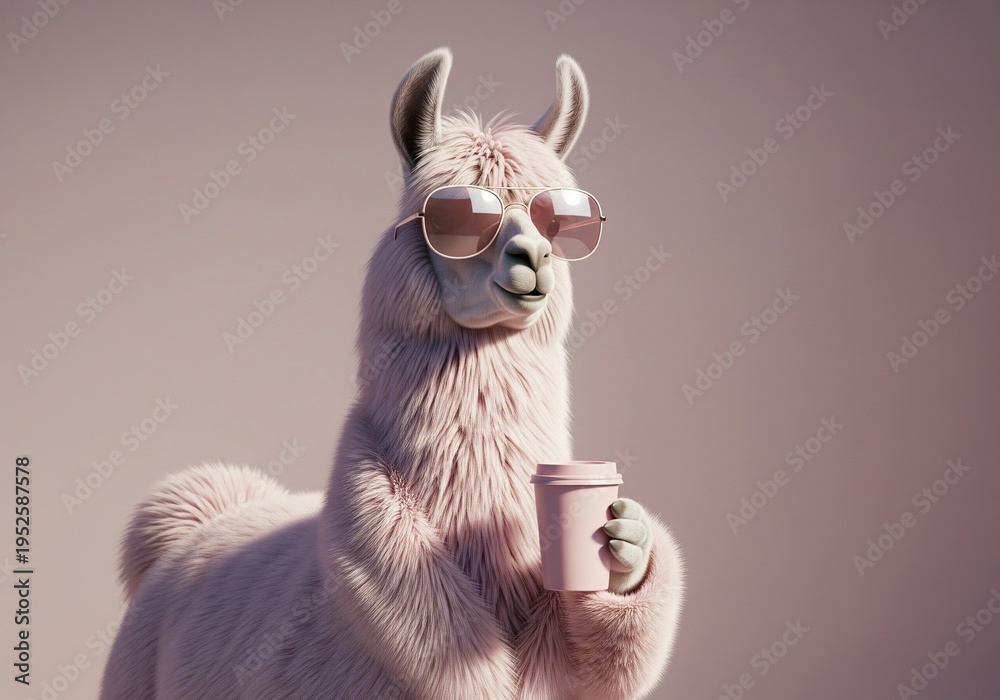 Obraz premium Cool llama wearing sunglasses holding a coffee cup against a soft pink background