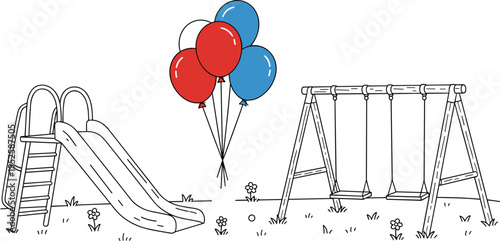 Playground scene with slide, swings and balloons, kids park activity vector illustration isolated on white background design