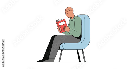 A stylized vector illustration shows a man with a shaved head sitting on a light blue chair, calmly reading a red book.
