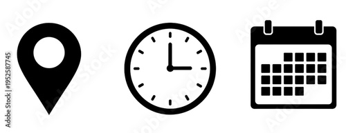 date time location notification icon set. Address, time, calendar bell notification icons collection. Clock, Address location and date Calendar symbol