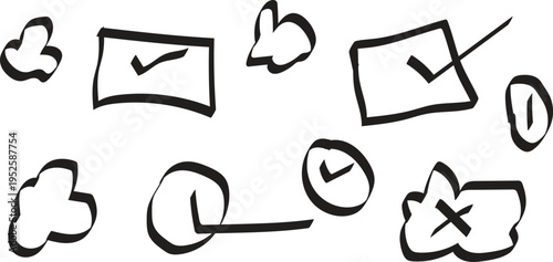 Hand-drawn checkmarks and crosses in various doodle styles, perfect for lists and design elements
