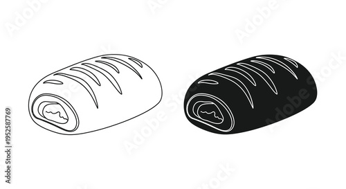 A minimalist black and white illustration depicts two versions of a swirled pastry likely a danish or similar roll high quality