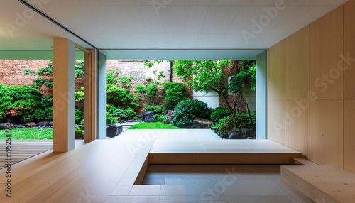 Japanese minimalist interior with wooden platform opening to lush garden, modern architecture blending indoor outdoor living and tranquil natural design