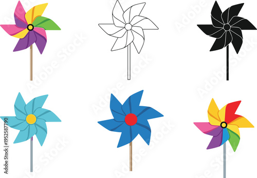 Pinwheel toy illustration set with colorful, outline and silhouette styles, playful wind spinner vector isolated on white background