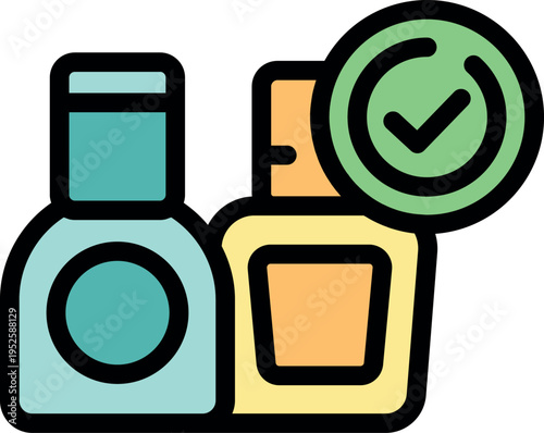 Two cosmetic bottles are displayed with a prominent check mark, symbolizing quality assurance and consumer trust