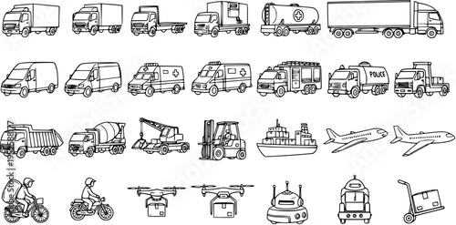 Black and White Line Art Icons of Various Transportation and Delivery Vehicles