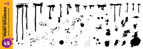 Spray paint drip and splatter grunge elements for streetwear merch and urban poster design. Vector black ink brush texture overlay set with splotches, drops for apparel isolated on white background.