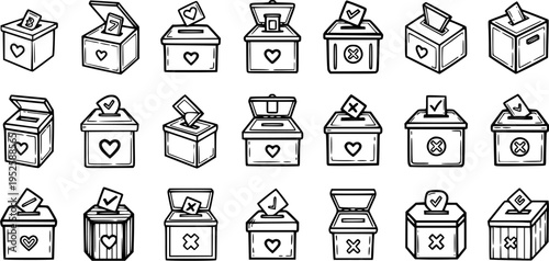 Black and White Line Art Icons of Voting Booths and Ballot Boxes for Election and Democracy Concepts