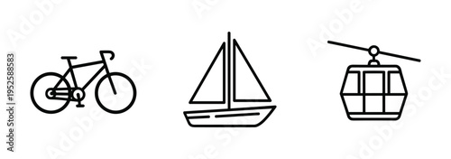 Bicycle, Sailboat and Cable Car Line Icon Set — Eco and Leisure Transport Outline Symbol Vector