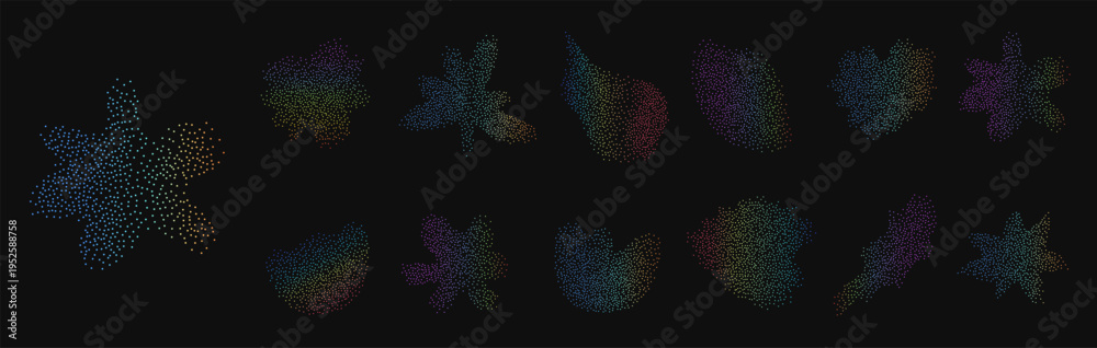 Fototapeta premium Neon rainbow colors grain textured flower gradient shapes set. Gentle florals with soft blur colors. Organic sand noise icons for y2k design. Vector grainy wildflowers liquid forms on white background