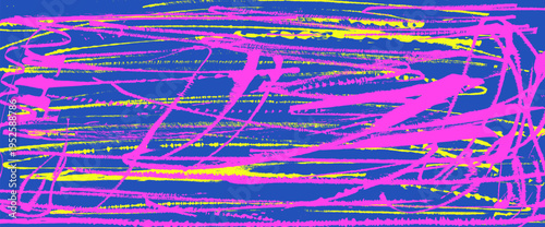 Abstract paint background features rough brush hatching textures, dynamic stroke patterns, and graphic spray with retro grunge aesthetic strikethrough. Vector urban street neon yellow, pink colors bg.