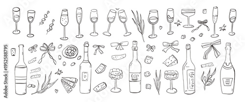 Hand drawn doodle wine bottle, cheese, cocktail glass icons. Summer event illustrations for bistro menu, dinner invitations or Mediterranean-themed designs. Vector whimsical sketch drinks set isolated