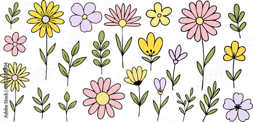 Cute hand drawn floral elements set with pastel flowers and leaves. Simple doodle botanical collection in soft colors, perfect for patterns, stickers, stationery, and spring design