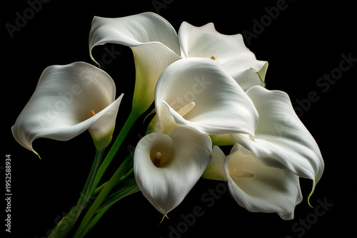Elegant White Calla Lily Bouquet on Black Background, Floral Beauty and Minimal Design Concept