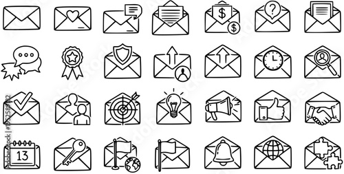 Hand-drawn Business Communication Mail Envelope Icons Set. Sketchy Black  White Line Art Collection for Digital Marketing and Technology Messages.