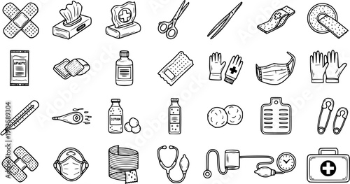 Black and White Line Art Icons of Medical Supplies and Equipment