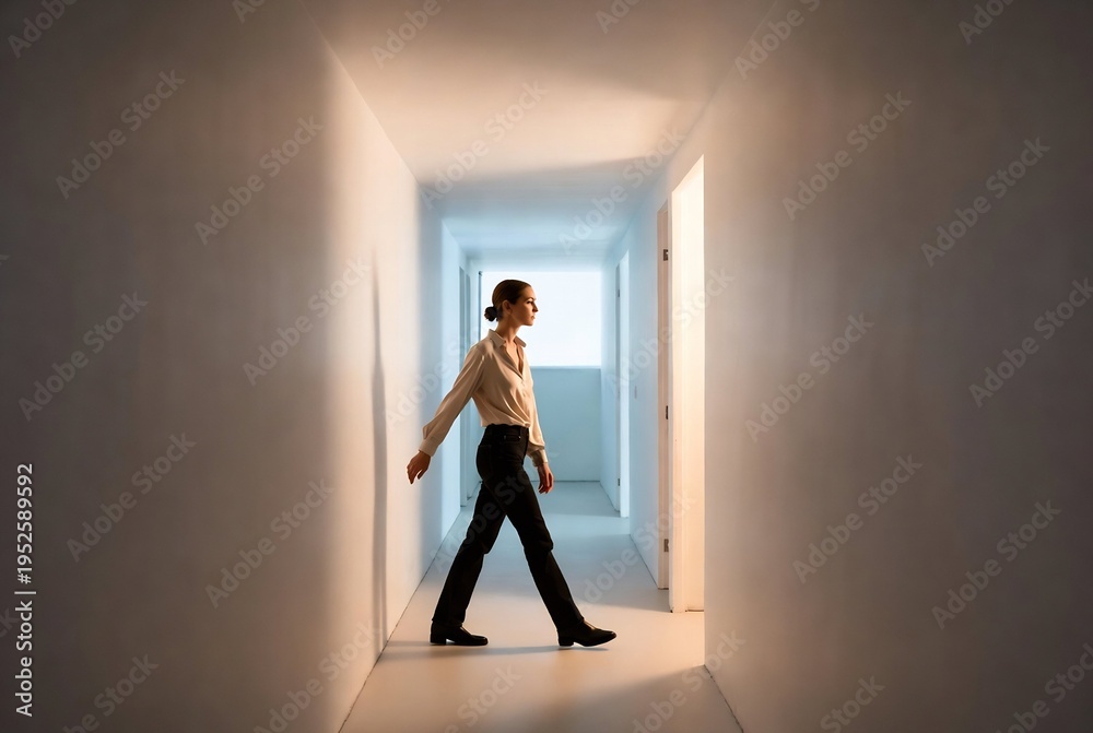 Fototapeta premium A woman walks through a long, white hallway.
