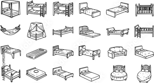Home Furniture Beds and Sleeping Arrangement Line Art Icons. Set of various bedroom designs, bunks, hammocks, cribs, and mattresses in black and white outline doodle style.