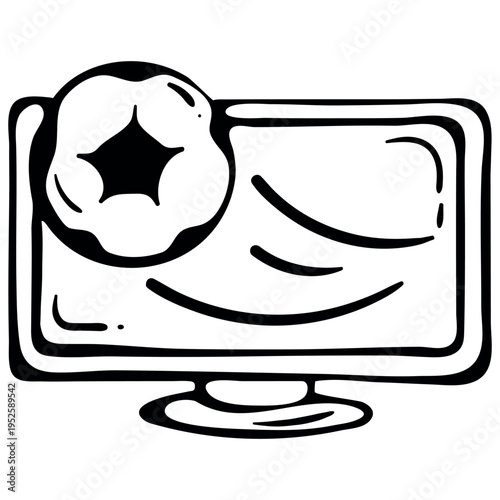 Soccer Ball Popping Out of Monitor Screen Icon for Championship. Football Match Digital Broadcast and Streaming. Hand Drawn Doodle