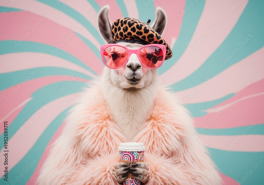 Naklejka premium Fashionable llama wearing sunglasses and a beret holds a colorful cup of coffee