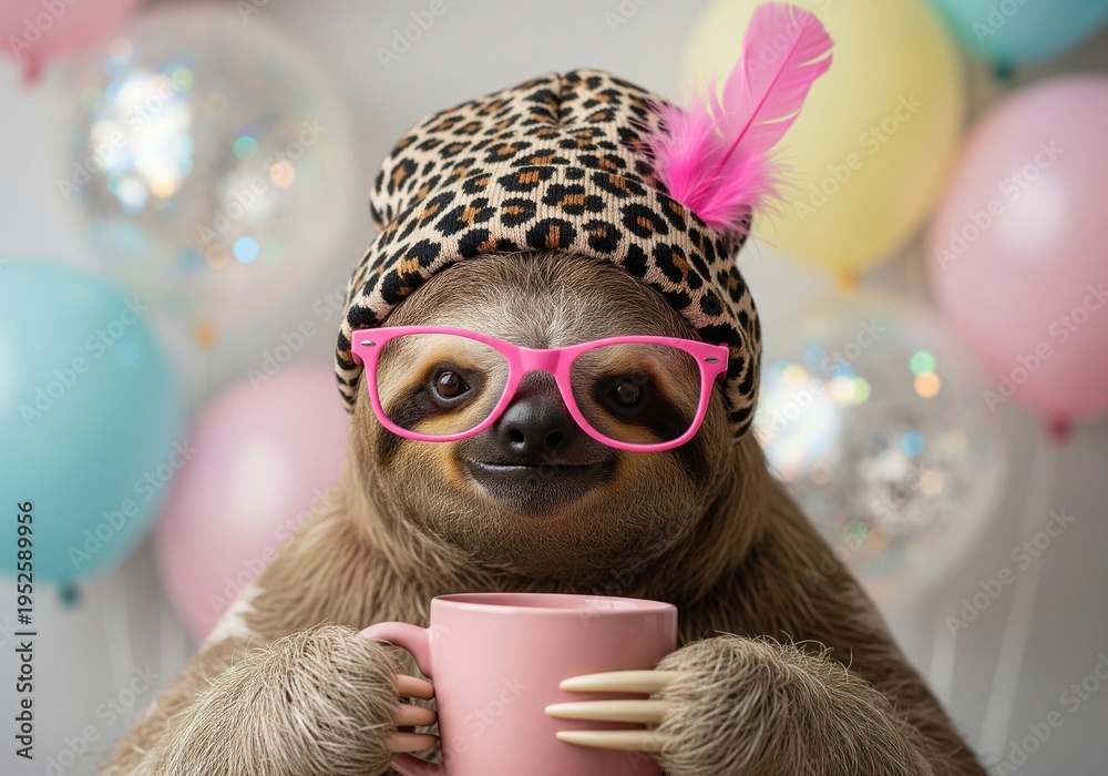 Fototapeta premium A cute sloth wearing pink glasses and a leopard print hat holds a pink mug with a feather