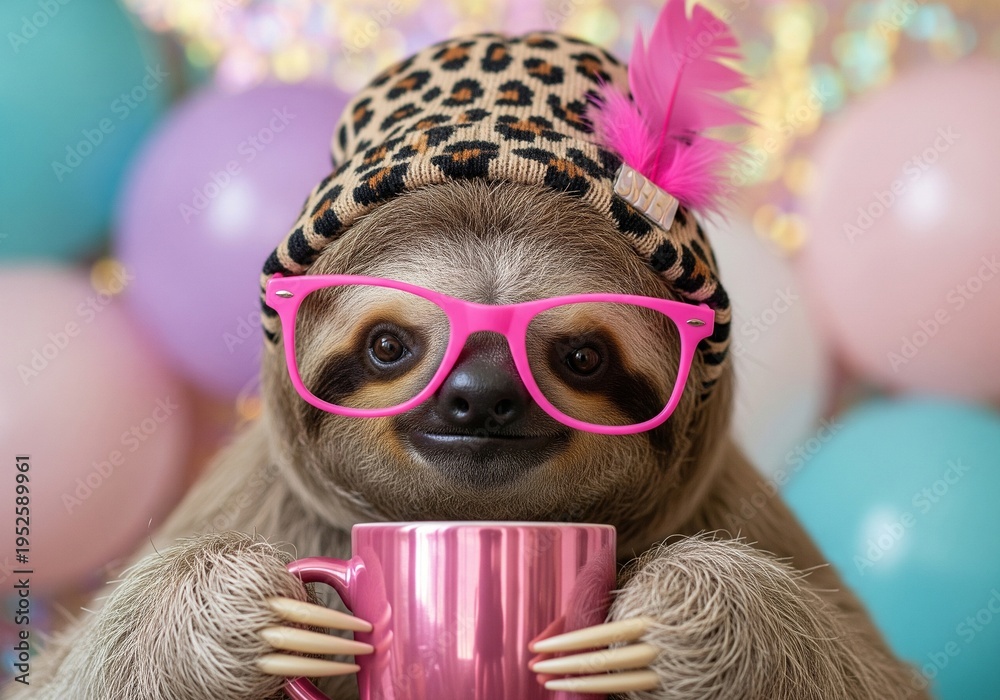 Fototapeta premium A cute sloth wearing a leopard print beanie and pink glasses holds a pink mug