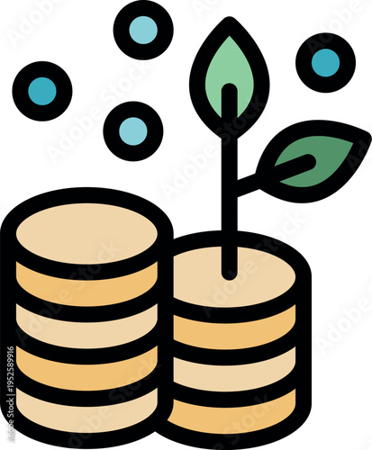 Small sprout growing from pile of stacked coins representing financial investment, profit and passive income