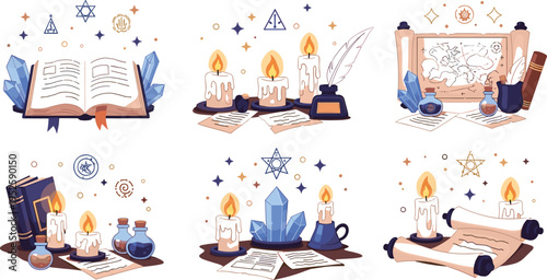 Magic wizard study illustration set with spell book candles potion crystal scroll mystical fantasy collection