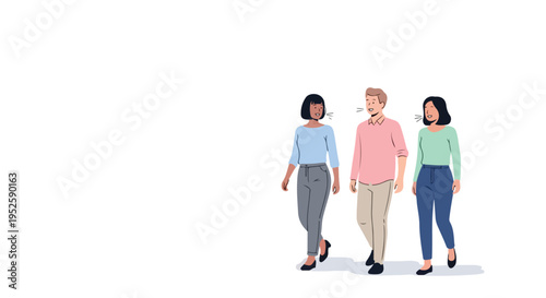 Three diverse individuals, two women and one man, walk together conversing cheerfully against a clean white background.