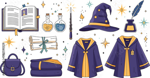 Wizard school magic items illustration set with robe hat wand potion spell book fantasy collection