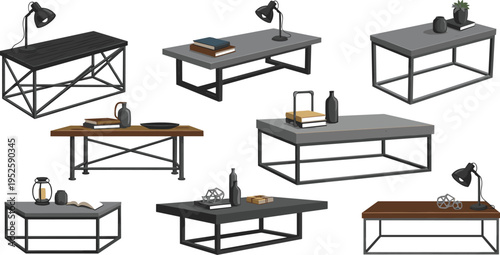 Modern industrial coffee table furniture set with metal frame wooden top living room interior decor illustration collection