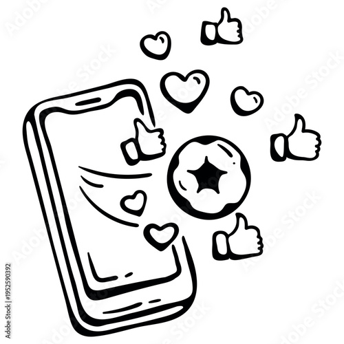 Soccer Ball and Smartphone with Likes and Hearts Icon for Championship. Football Match Social Media Thumbs Up. Hand Drawn Doodle