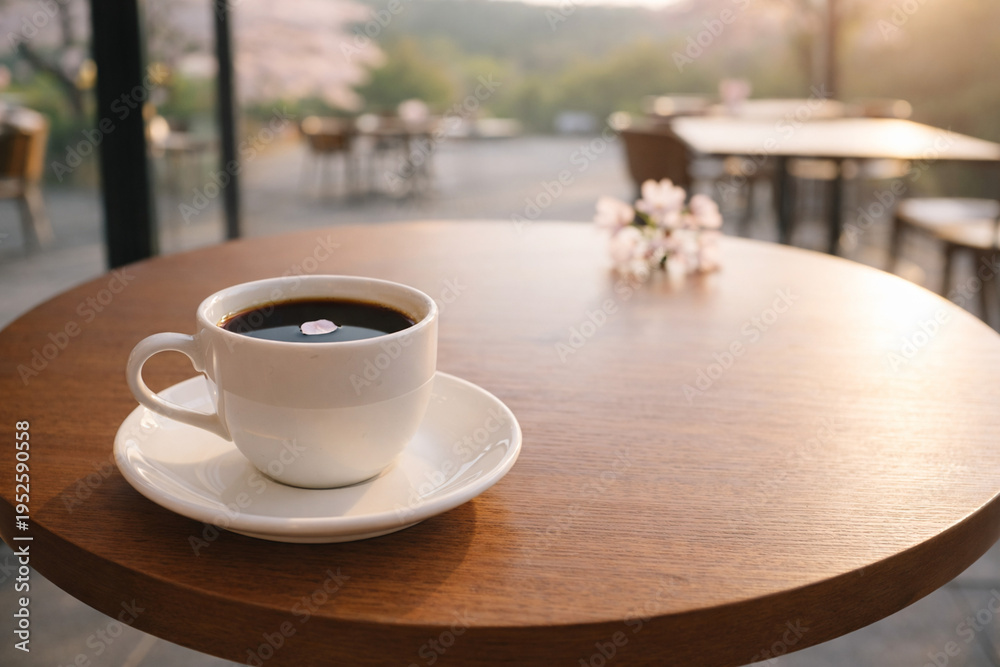 Fototapeta premium 満開の桜の時期、オープンカフェでコーヒーを飲む Drinking coffee at outdoor cafe in full bloom of cherry blossoms.