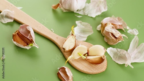 fresh garlic cloves with peel on green background