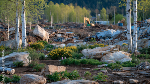 Wide bright environmental restoration scene, former construction site with young pioneer birch saplings in neat rows across rehabilitated soil, scattered fragments of industrial ma